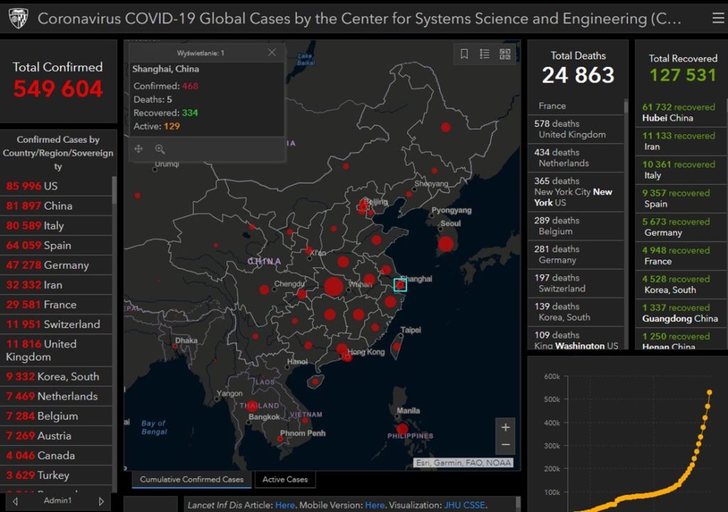 Mapa zarażeń COVID-19 w Shanghaju - stan na 27.03.2020